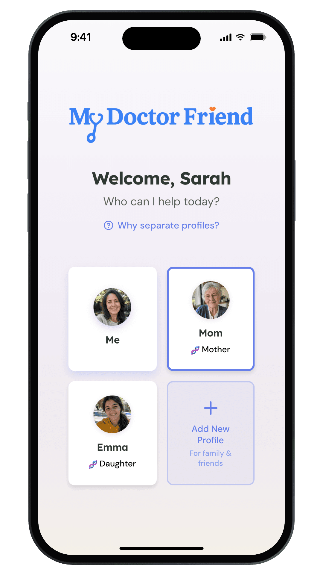 Profile picker with a photo for each family member, with Mom selected