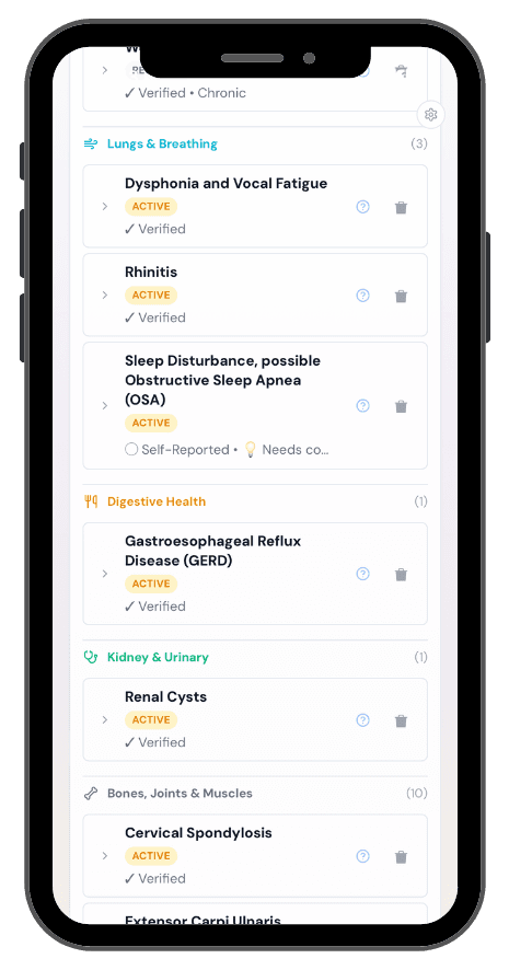 An organized health record listing a patient’s medical conditions, grouped by body system