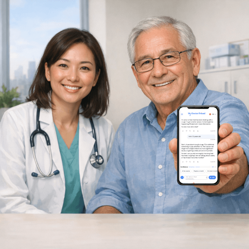 A clinician and patient looking at the My Doctor Friend app together