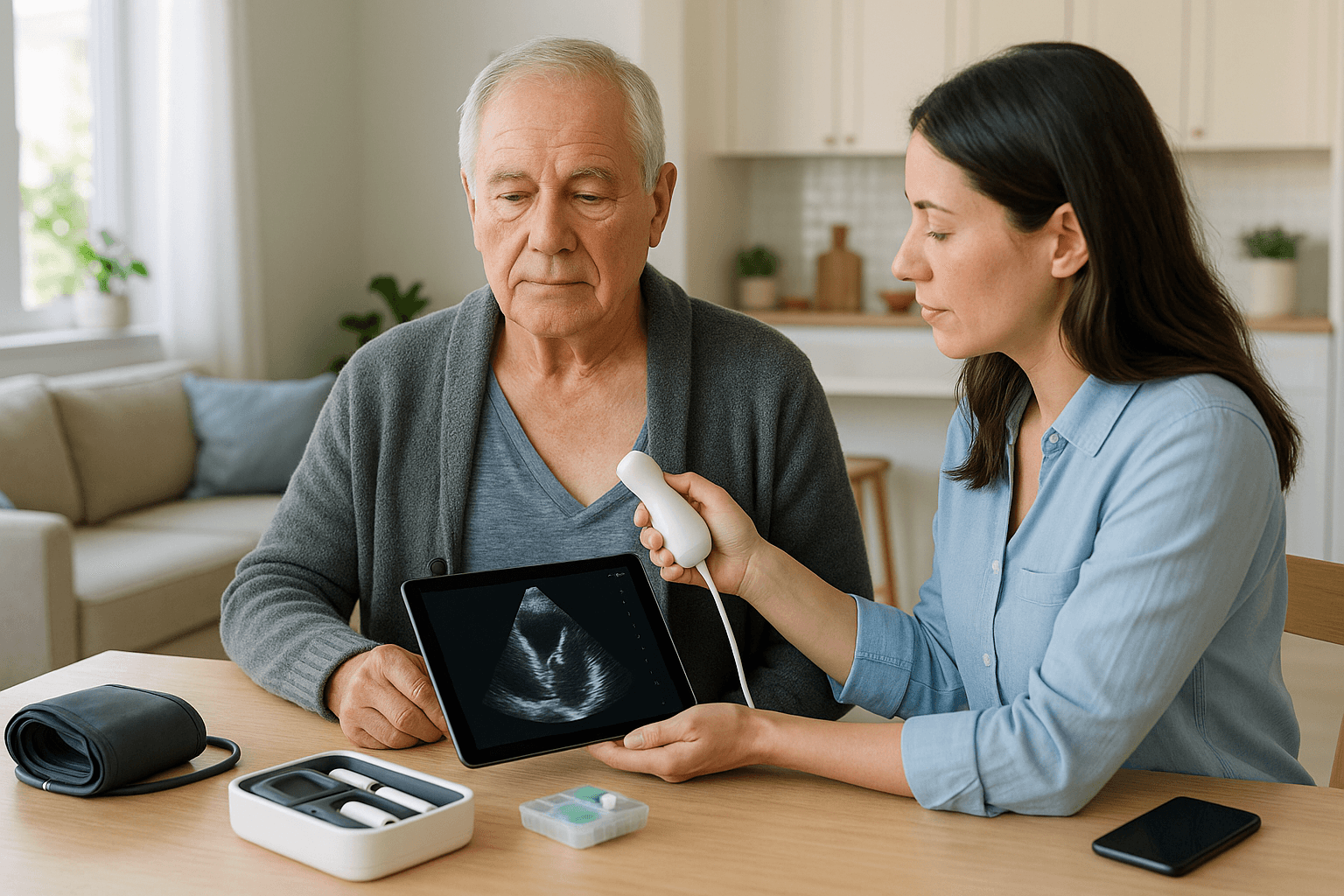An older adult and caregiver using a portable cardiac ultrasound at home
