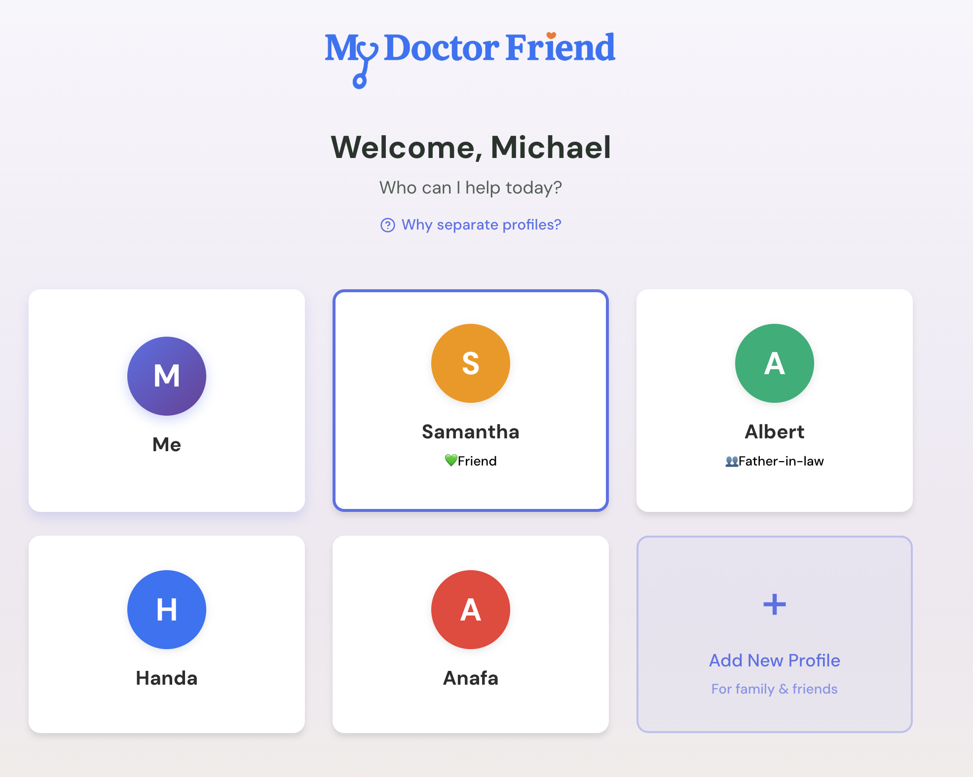 My Doctor Friend Profiles page showing existing profiles and an Add New Profile card