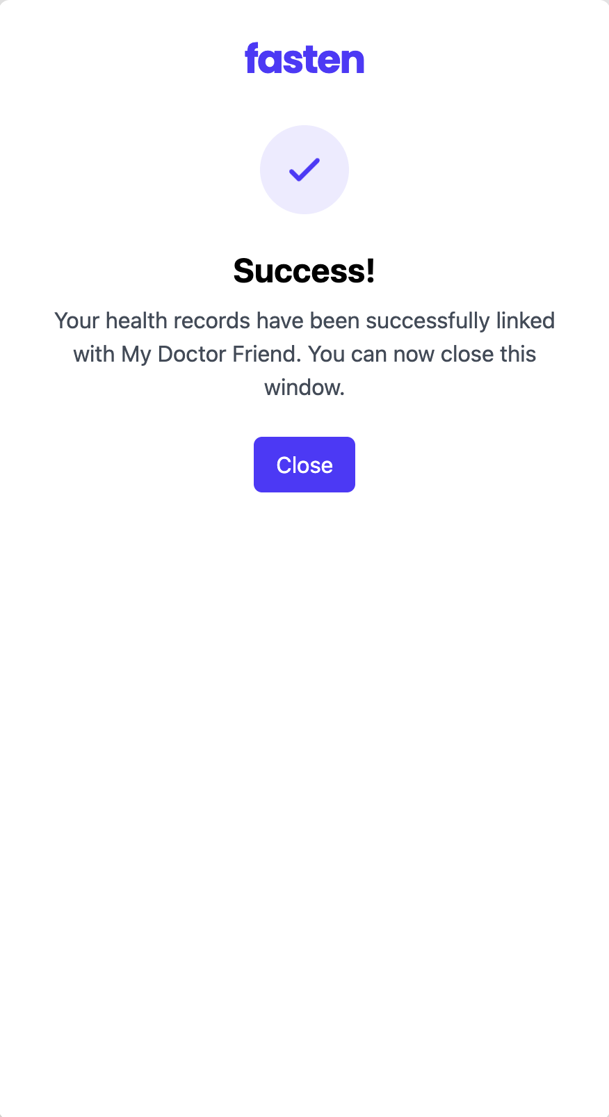 Fasten Success screen confirming that health records have been linked with My Doctor Friend