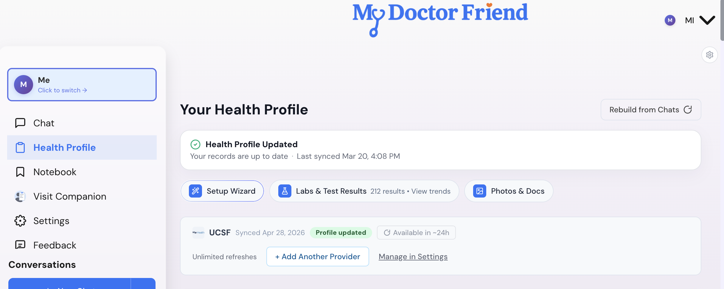 Health Profile page when already connected, showing a Profile updated banner, a UCSF connected-provider row with last sync date, an Available in ~24h cooldown indicator, and Add Another Provider and Manage in Settings actions