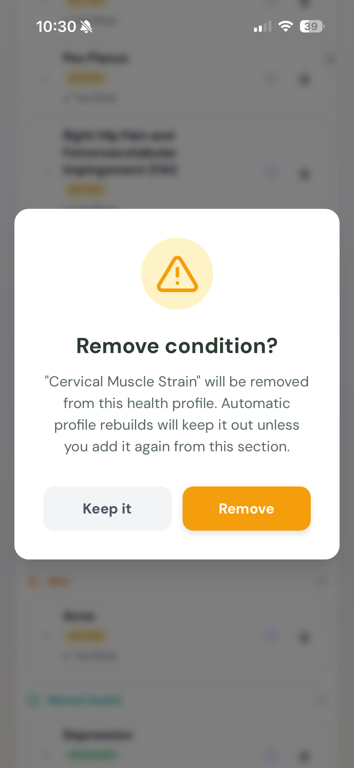 Remove condition confirmation modal asking whether to remove Cervical Muscle Strain from the health profile, with Keep it and Remove buttons