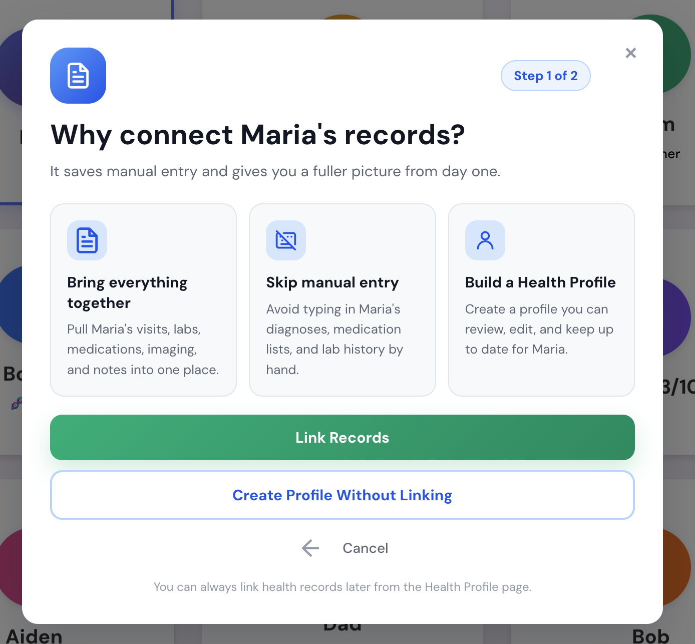 Why connect records modal with three benefit cards and Link Records and Create Profile Without Linking buttons
