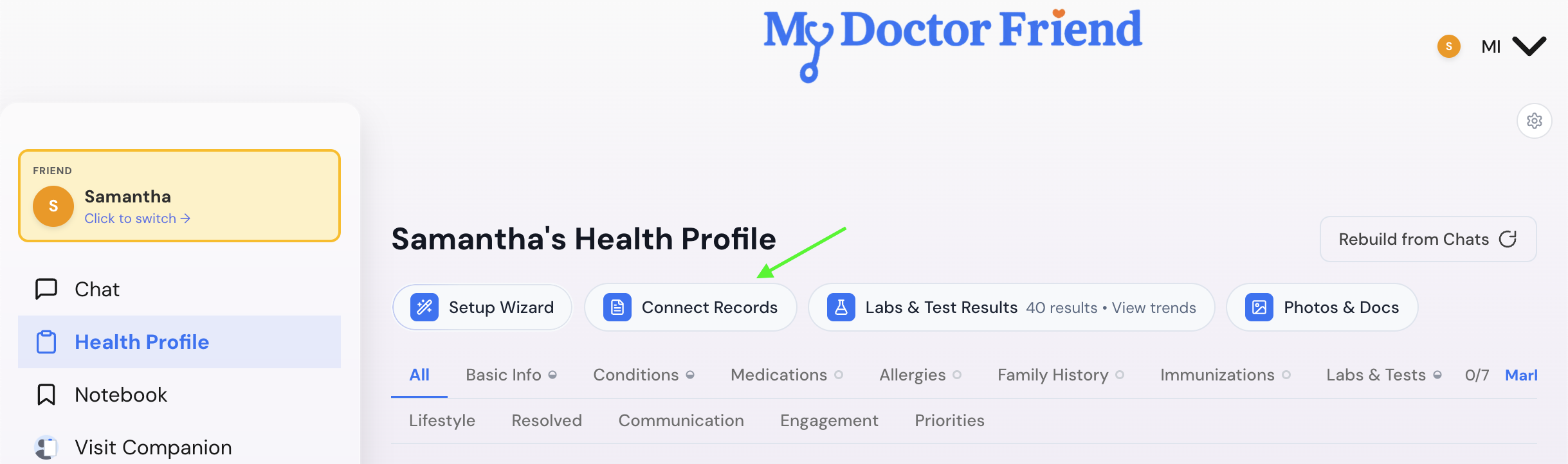 A Health Profile page with a green arrow pointing at the Connect Records button