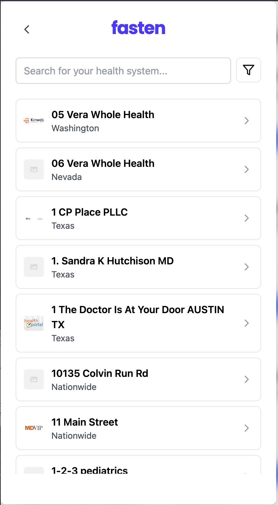 Fasten search screen with a search field and a list of health systems