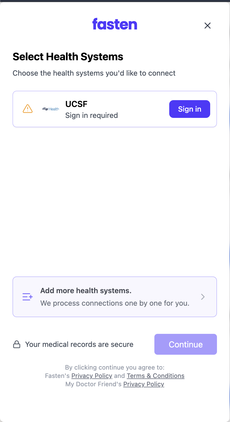 Fasten Select Health Systems screen showing UCSF with a Sign in required prompt and a Sign in button