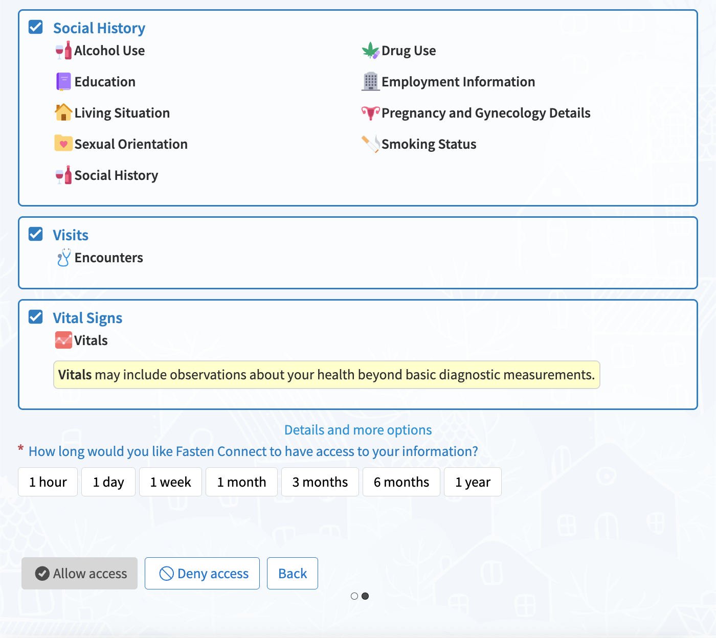 Fasten authorization screen with categories like Social History, Visits, and Vital Signs and an access duration selector