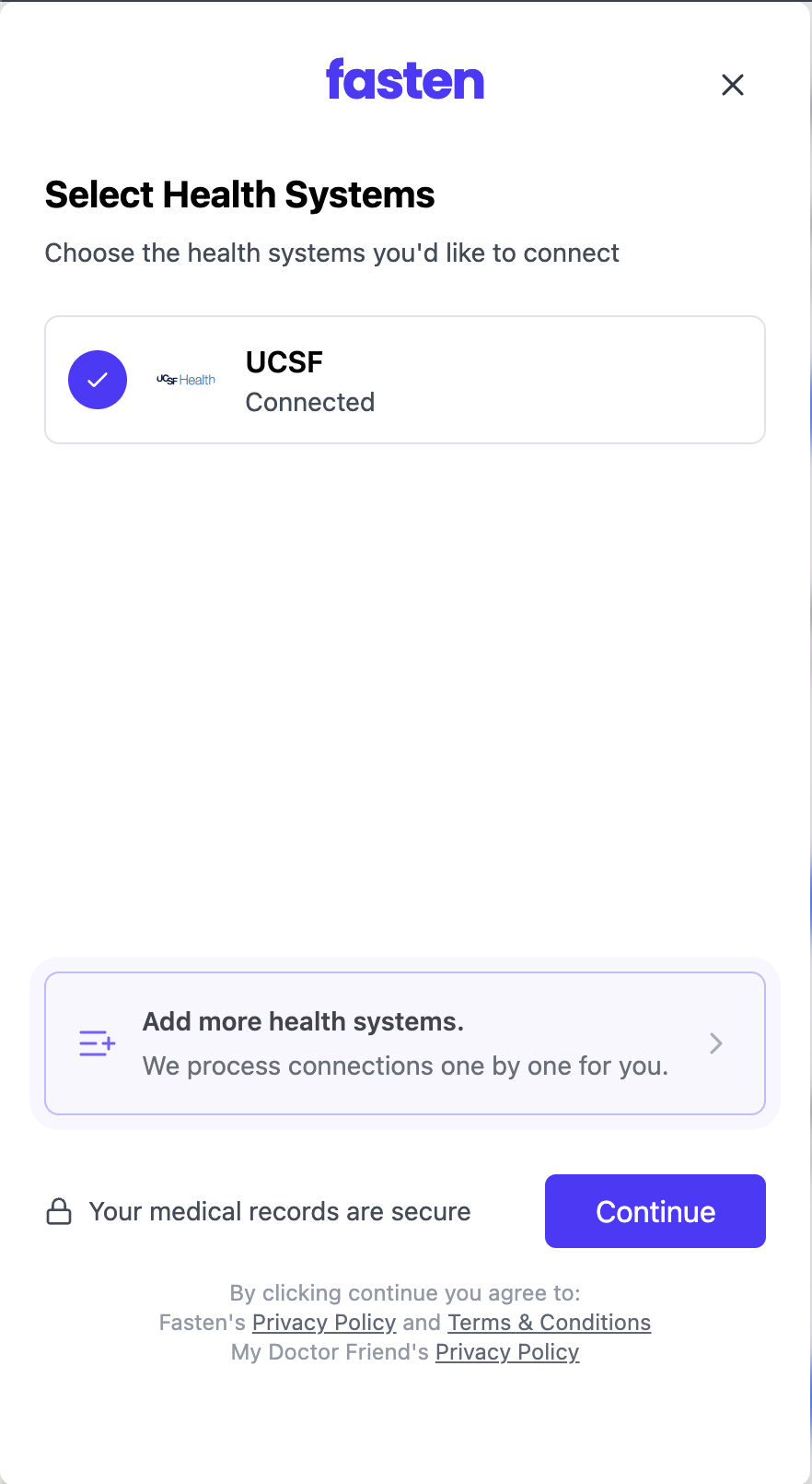 Fasten Select Health Systems screen showing UCSF marked Connected with an active Continue button