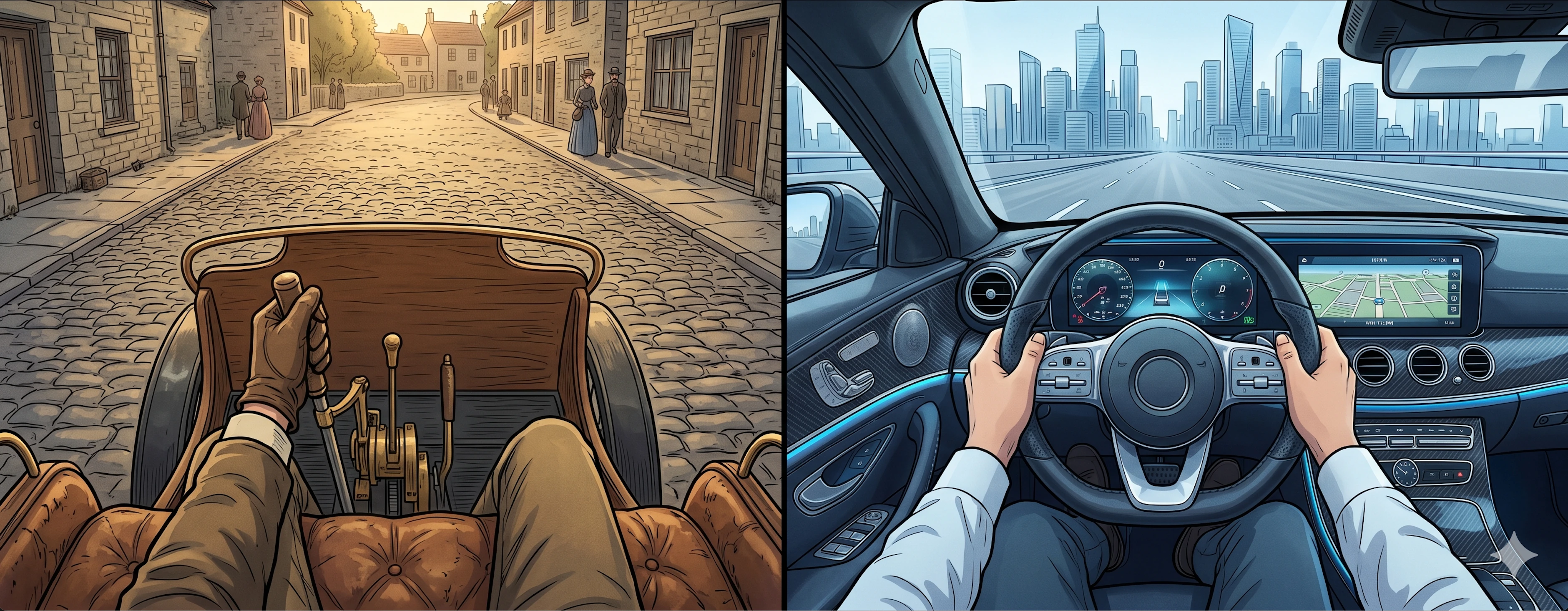 Side-by-side views from a horse-drawn carriage and a modern car, illustrating how transportation changed.