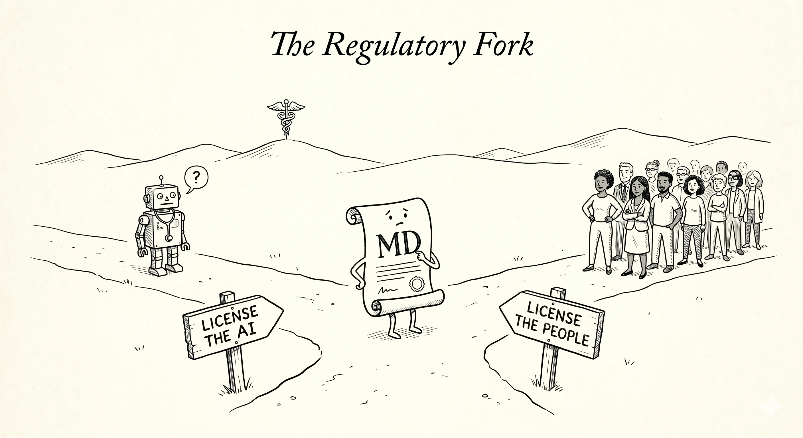 Cartoon of a regulatory fork in the road: license the AI or license the people.