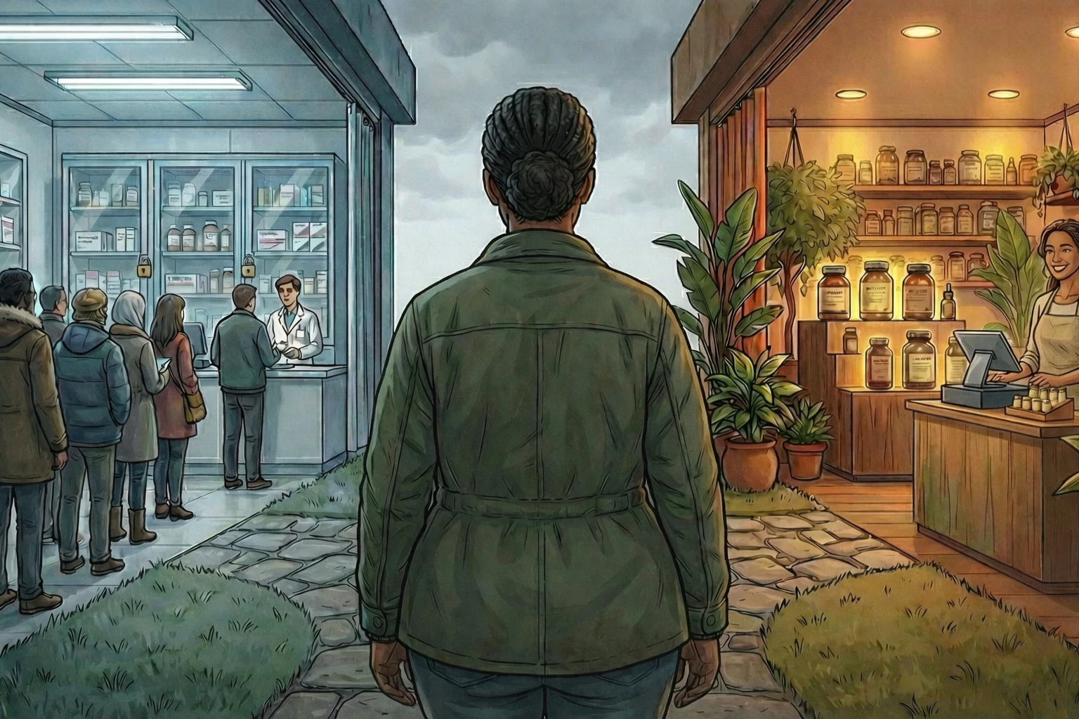 Person standing between a clinical pharmacy and a shop selling wellness supplements.