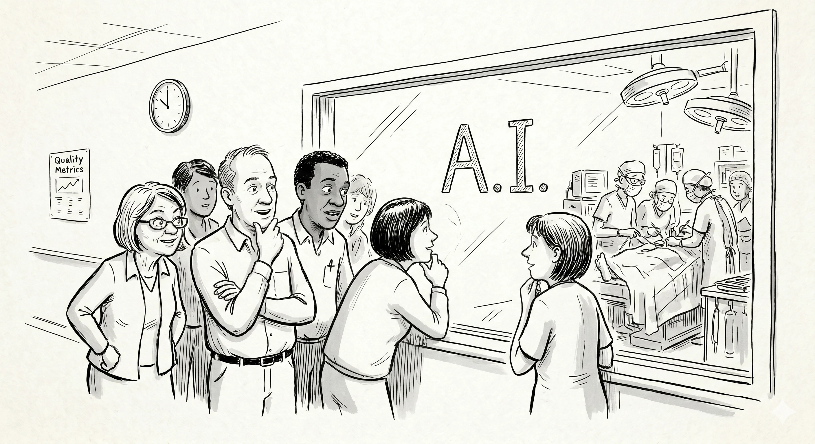 Patients and caregivers looking through a window at AI-supported clinical care.